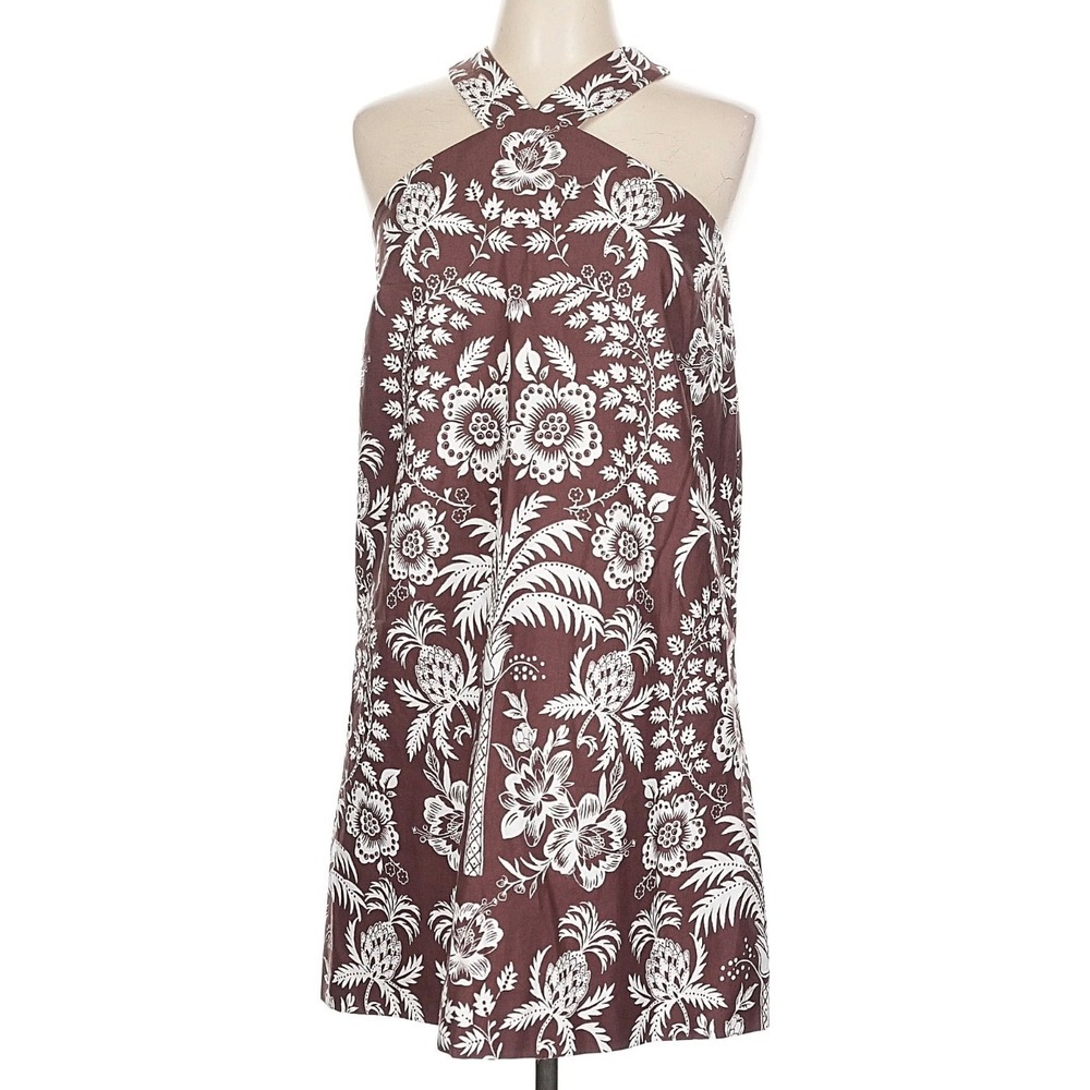 NEW Ann Taylor Brown White Floral Palm Cotton Linen Halter Dress 12 $159 - AC